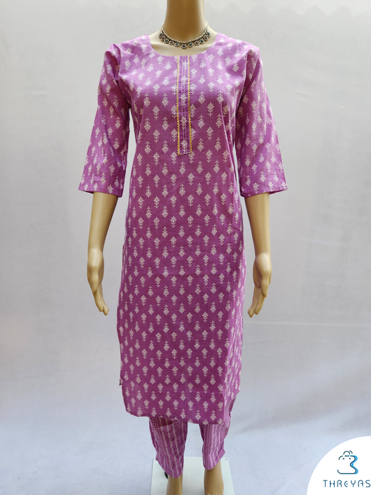 Lavender Cotton Printed Kurthis set with Trousers for women |  Stylish Kurthis & Kurtis Sets for Women |  Threyas 