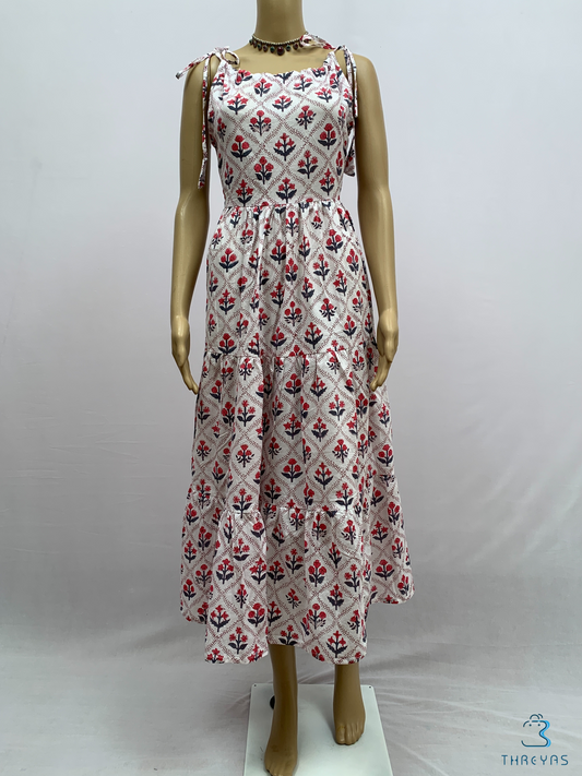 White & Red Cotton Printed Kurthis Set with Shoulder Tie-Ups for women  |  Stylish Kurthis & Kurtis Sets for Women |  Threyas 
