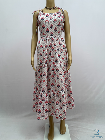 White & Red Cotton Printed Kurthis Set with Shoulder Tie-Ups for women  |  Stylish Kurthis & Kurtis Sets for Women |  Threyas 