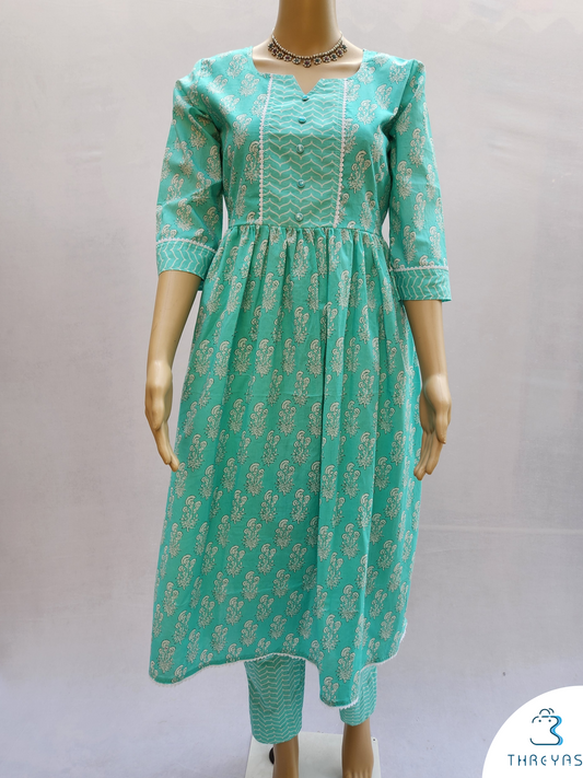 Skyblue Cotton Printed Naira Cut Kurthis set with Trousers for women | Stylish Kurthis & Kurtis Sets for Women | Threyas 