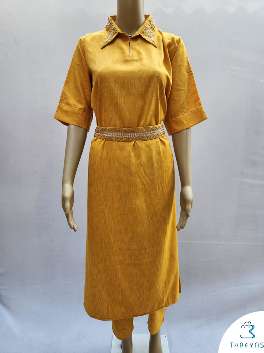 Yellow Cotton Designer Kurthis Set with Waist Belt for women |  Stylish Kurthis & Kurtis Sets for Women | Threyas 