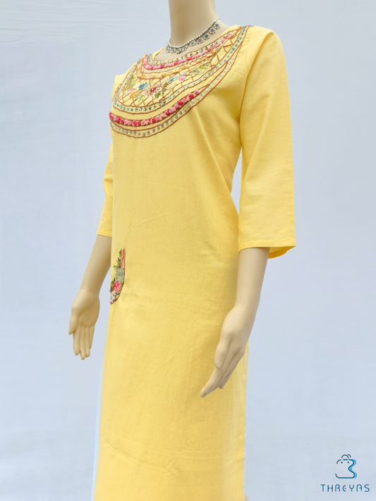Yellow Cotton thread handwork kurthi