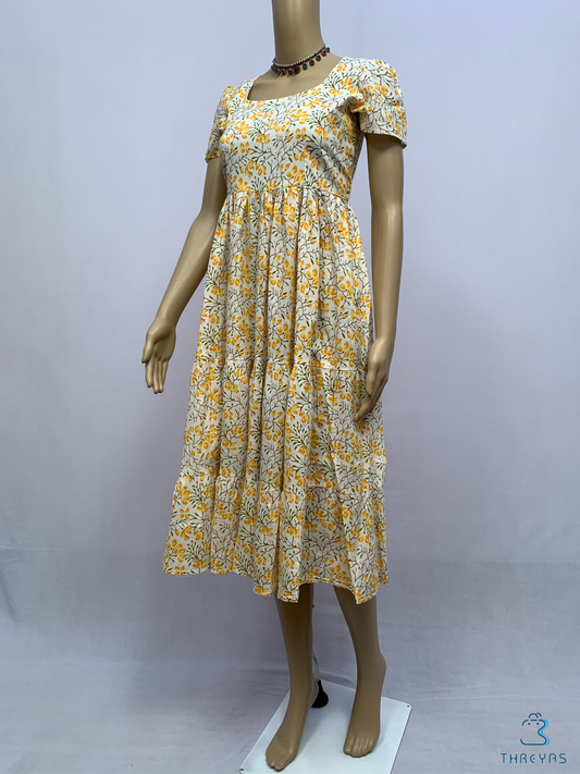 Yellow & White Flared Hand Block Printed Kurthi  | Stylish Kurthis & Kurtis Sets for Women | Threyas 