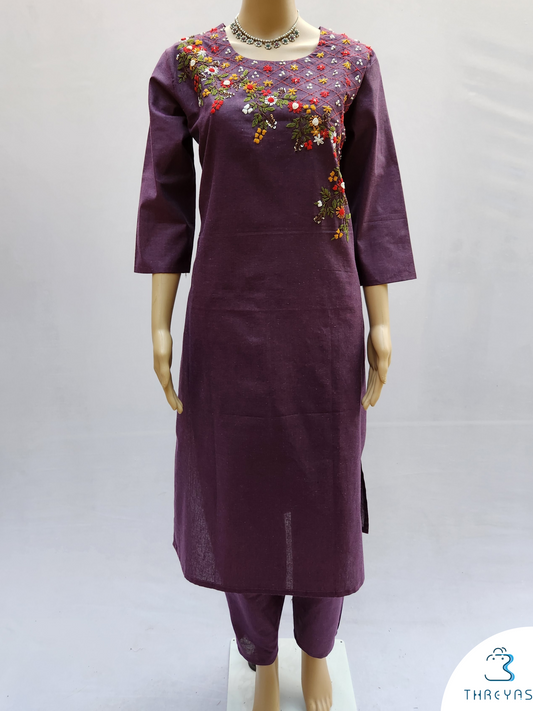 Purple Cotton Thread Work at Yoke Kurthis set with Trousers for women |  Stylish Kurthis & Kurtis Sets for Women |  Threyas 