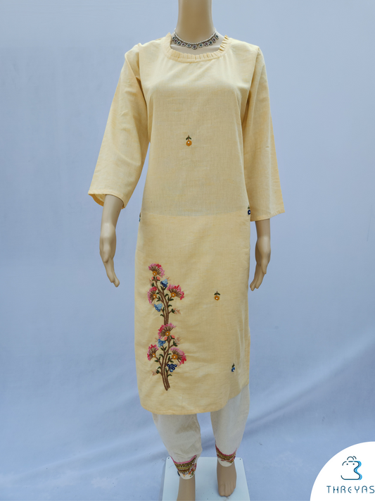 Light Yellow & White Kadhi Cotton Kurthis Set with Straight Pant for women | Stylish Kurthis & Kurtis Sets for Women | Threyas 