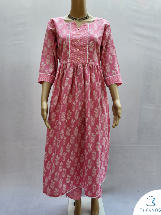 Pink Cotton Printed Naira Cut Kurthis set with Trousers for women | Stylish Kurthis & Kurtis Sets for Women | Threyas 
