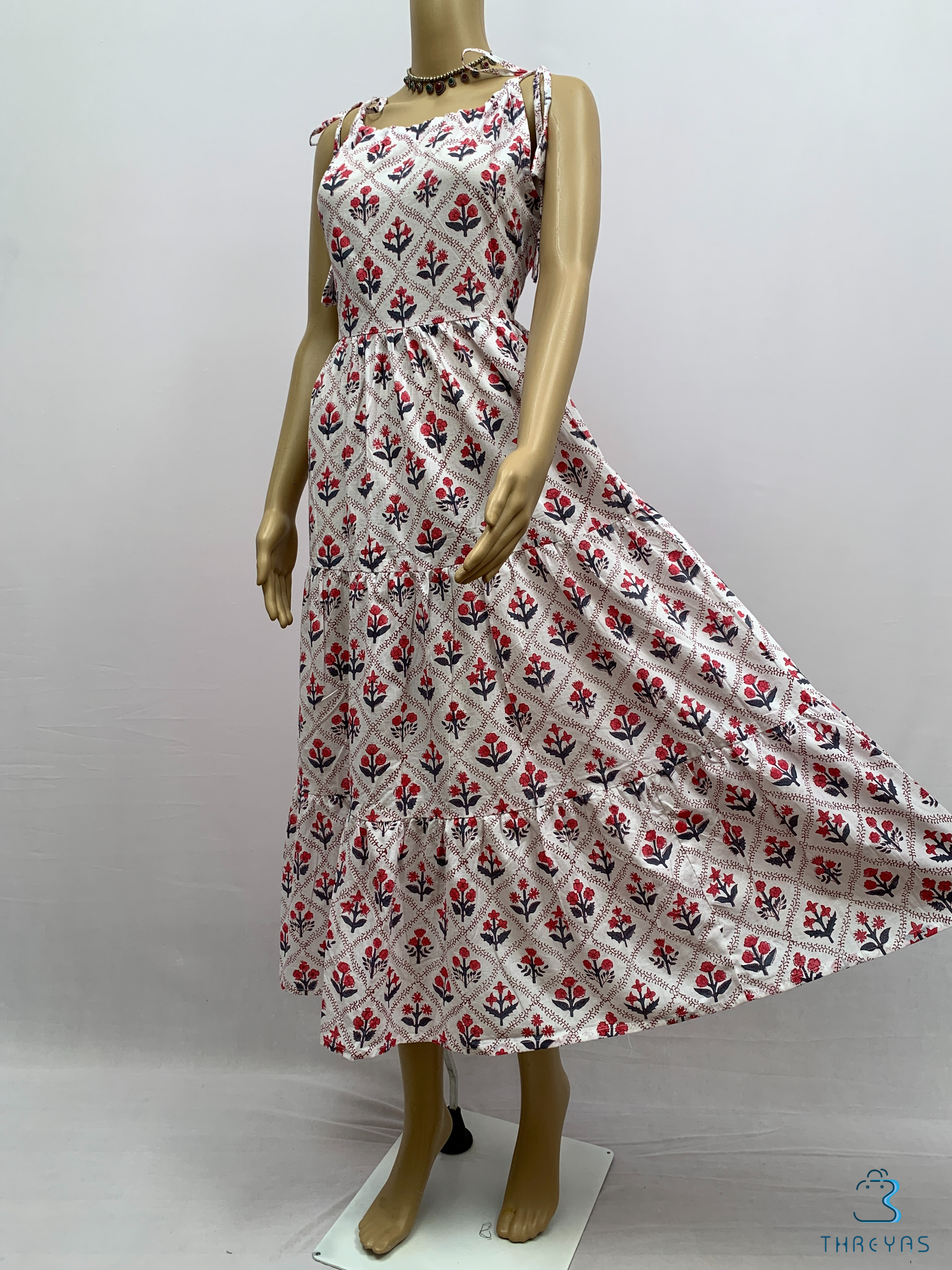 White & Red Cotton Printed Kurthis Set with Shoulder Tie-Ups for women  |  Stylish Kurthis & Kurtis Sets for Women |  Threyas 