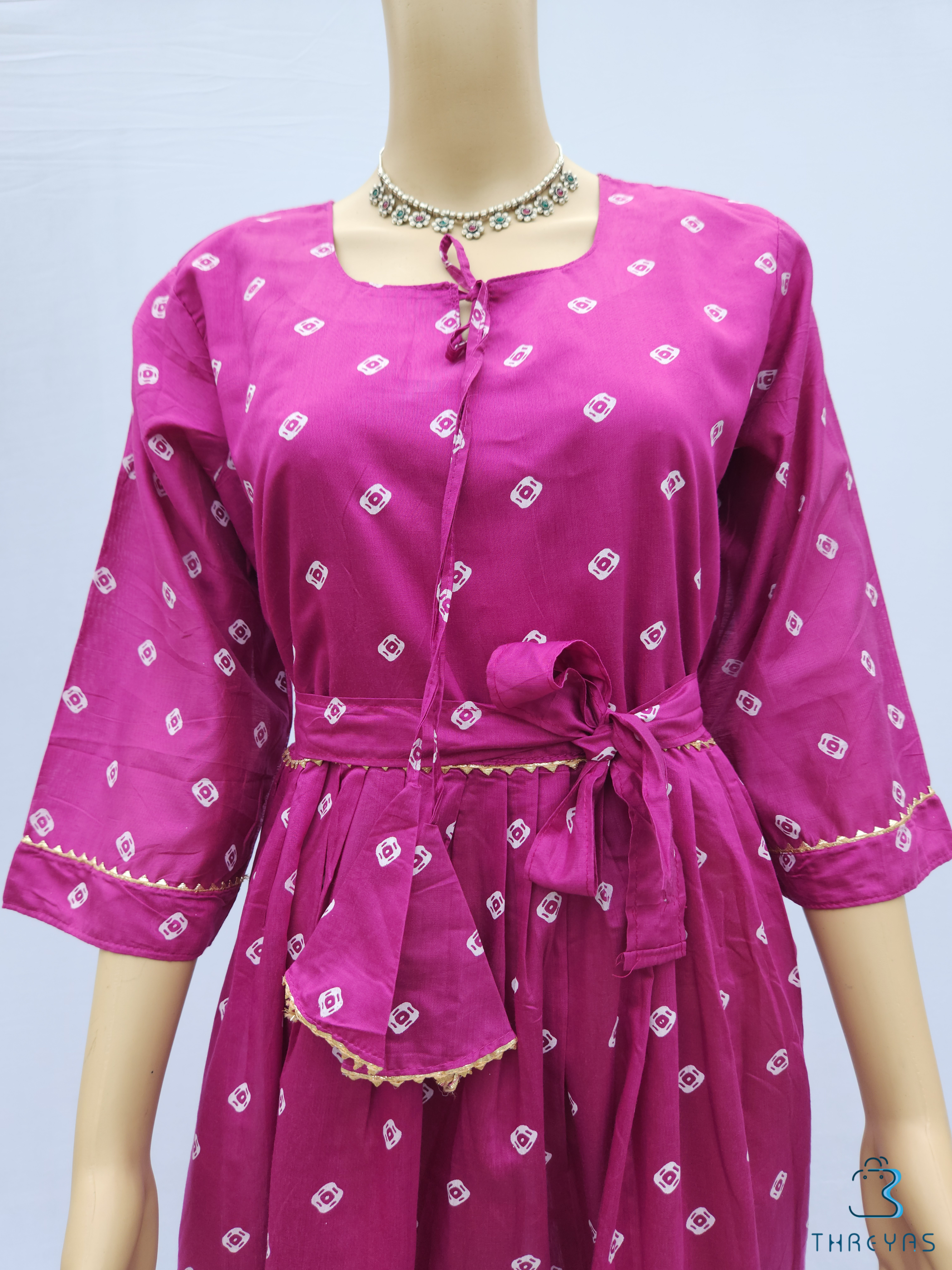 Purple Bandini Print Kurthis Set with Waist Belt for women | Stylish Kurthis & Kurtis Sets for Women |  Threyas 