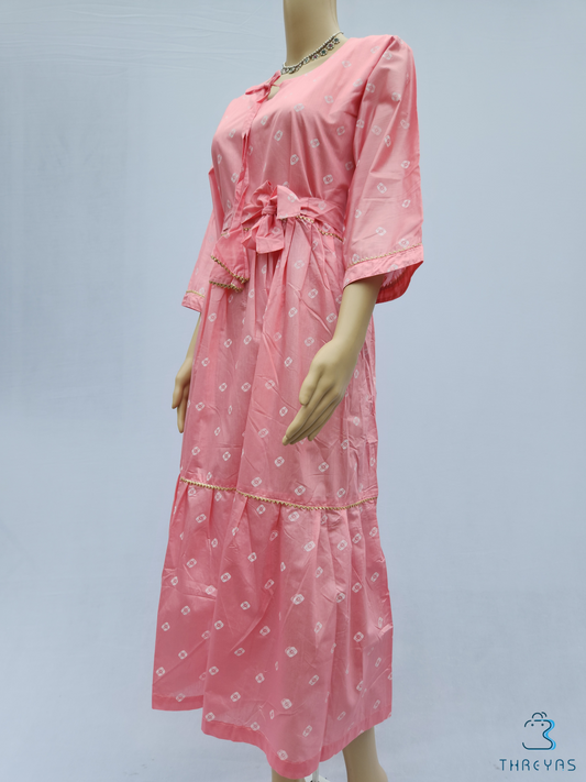 Light Pink Bandini Print Kurthis Set with Waist Belt for women | Stylish Kurthis & Kurtis Sets for Women |  Threyas 