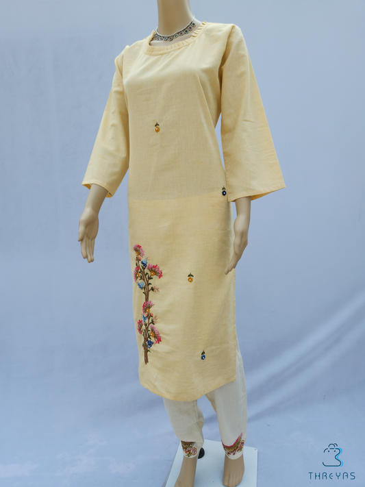 Light Yellow & White Kadhi Cotton Kurthis Set with Straight Pant for women | Stylish Kurthis & Kurtis Sets for Women | Threyas 