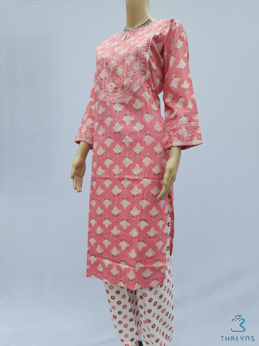 Pink & White Modal Cotton Kurthis set with Straight Pant for women | Stylish  Kurthis  & Kurtis Sets for Women | Threyas 