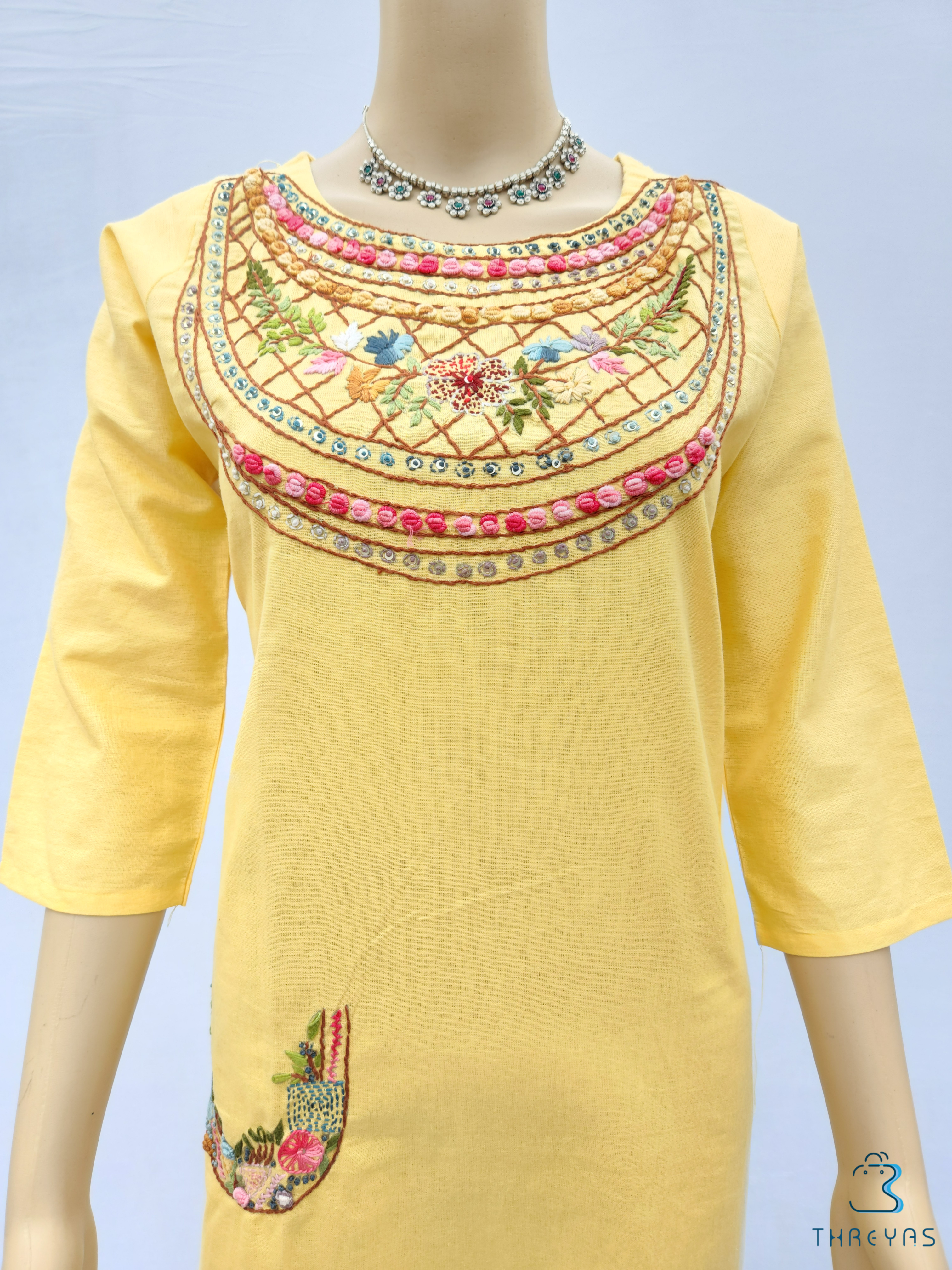 Yellow Cotton thread handwork kurti | Stylish Kurthis & Kurtis Sets for Women | Threyas 