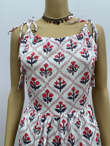 White & Red Cotton Printed Kurthis Set with Shoulder Tie-Ups for women  |  Stylish Kurthis & Kurtis Sets for Women |  Threyas 