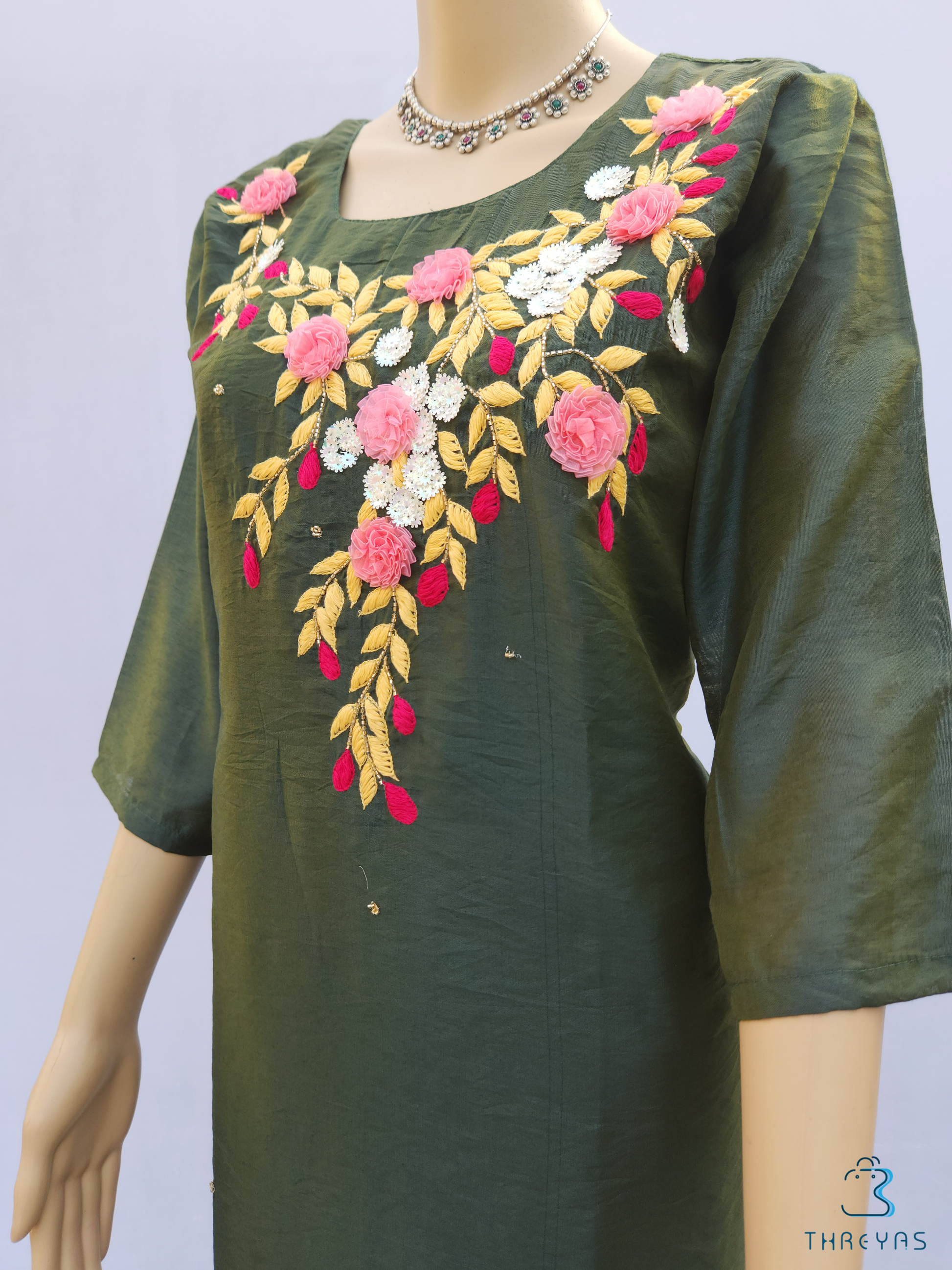 Green Chanderi hand Embroidery Kurti | Stylish Kurthis & Kurtis Sets for Women | Threyas 