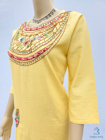 Yellow Cotton thread handwork kurthi