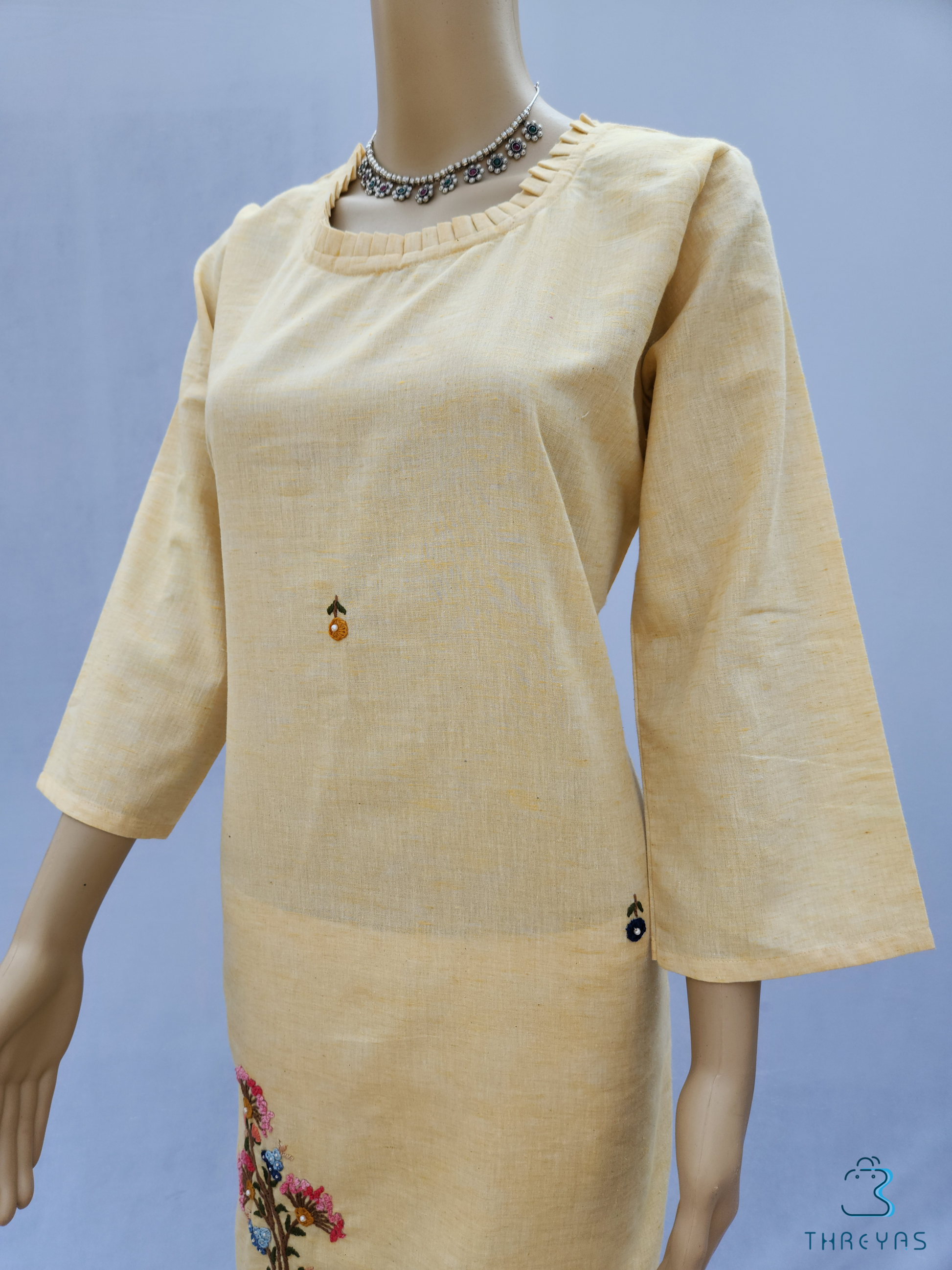 Light Yellow & White Kadhi Cotton Kurthis Set with Straight Pant for women | Stylish Kurthis & Kurtis Sets for Women | Threyas 