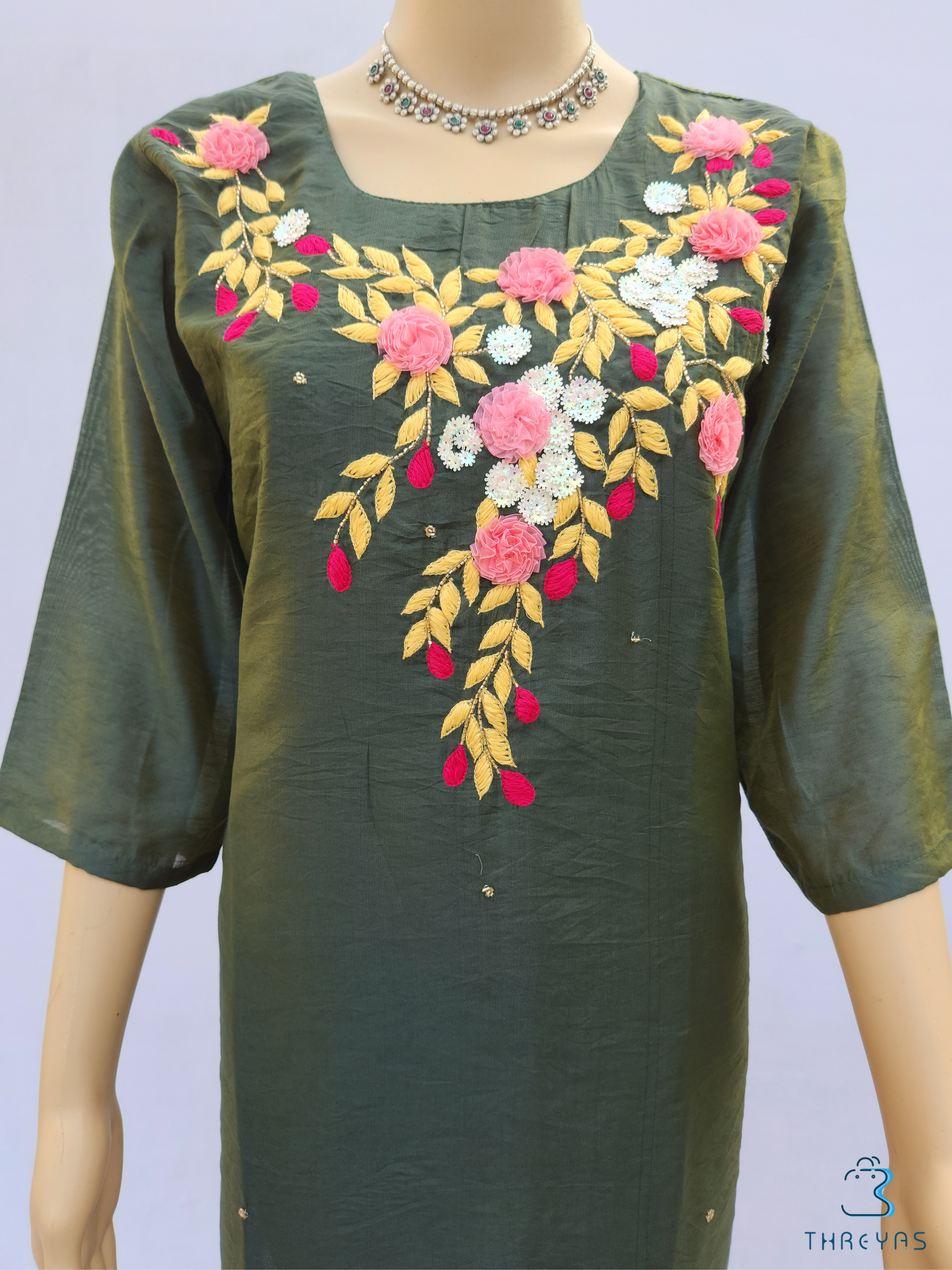 Green Chanderi hand Embroidery Kurti | Stylish Kurthis & Kurtis Sets for Women | Threyas 