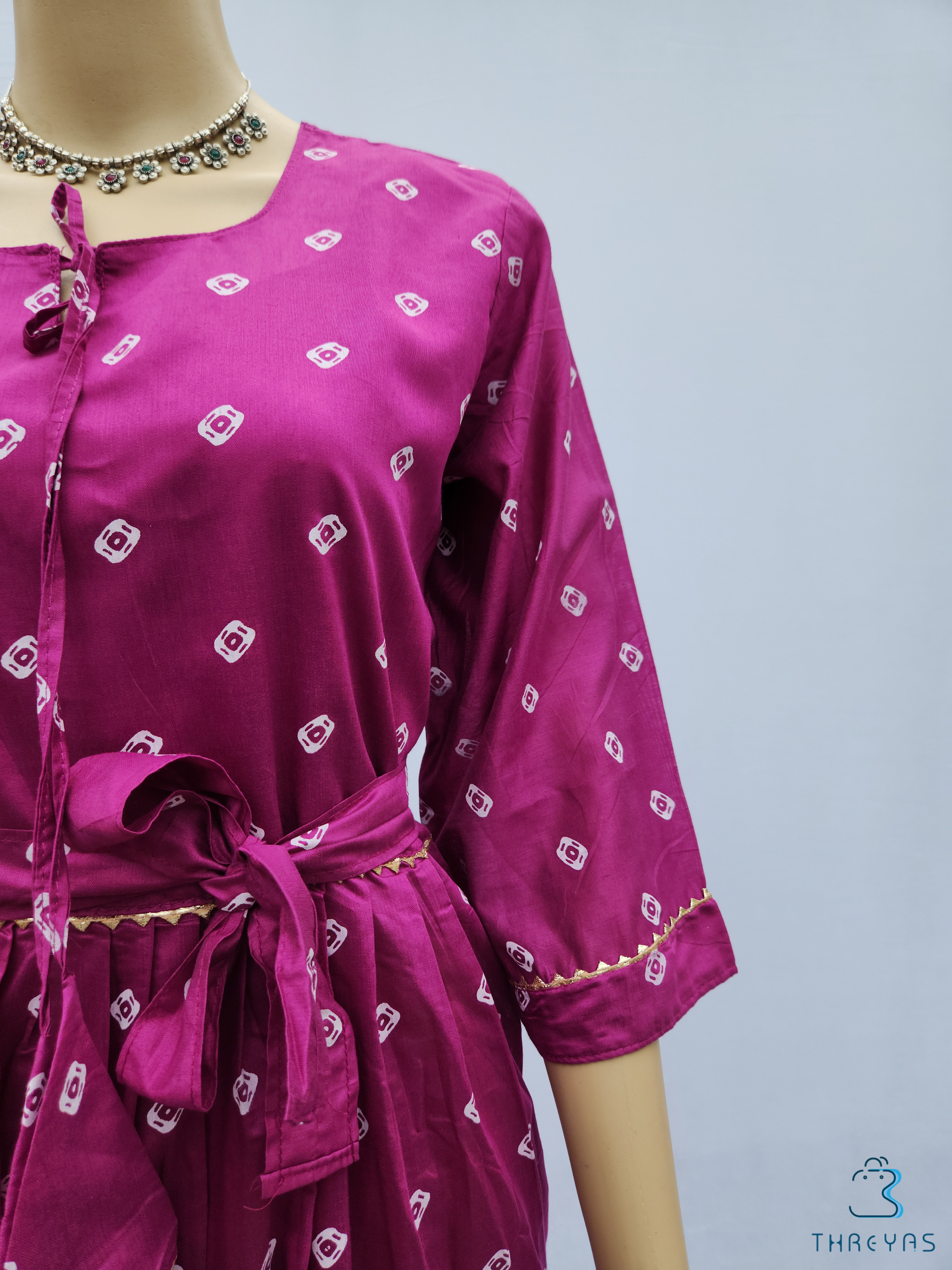 Purple Bandini Print Kurthis Set with Waist Belt for women | Stylish Kurthis & Kurtis Sets for Women |  Threyas 