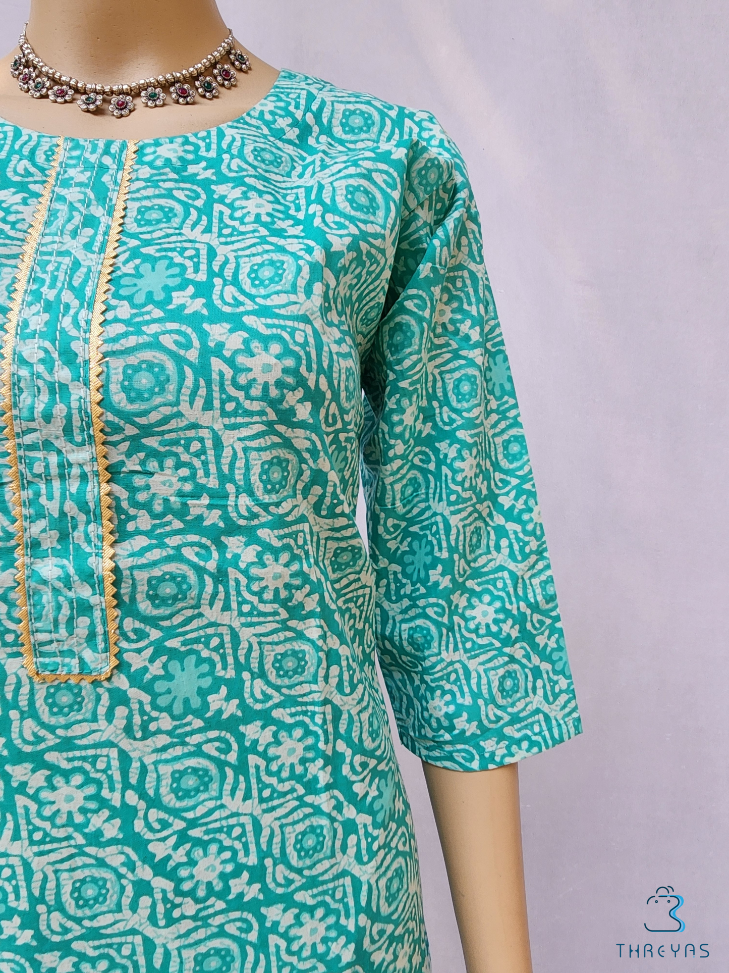 Light Blue Cotton Printed Kurthis set with Trousers for women | Stylish Kurthis & Kurtis Sets for Women | Threyas 