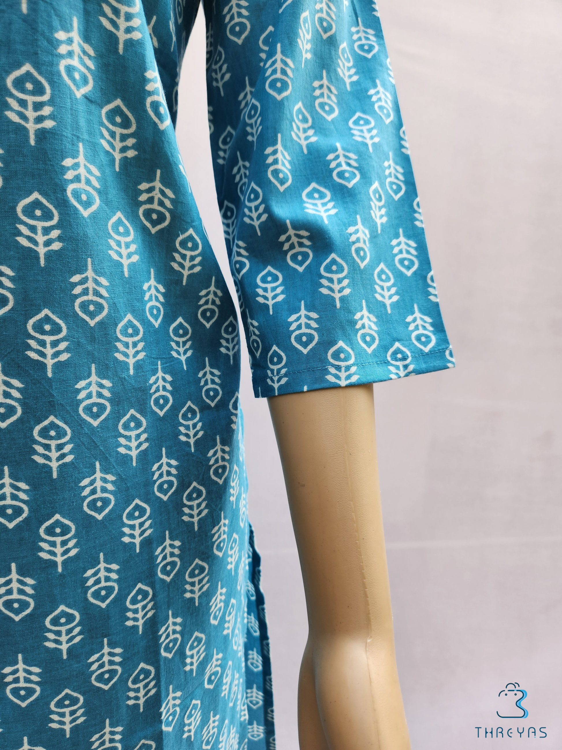 Skyblue Cotton Printed Kurthis set with Trousers for women  |  Stylish Kurthis & Kurtis Sets for Women |  Threyas 