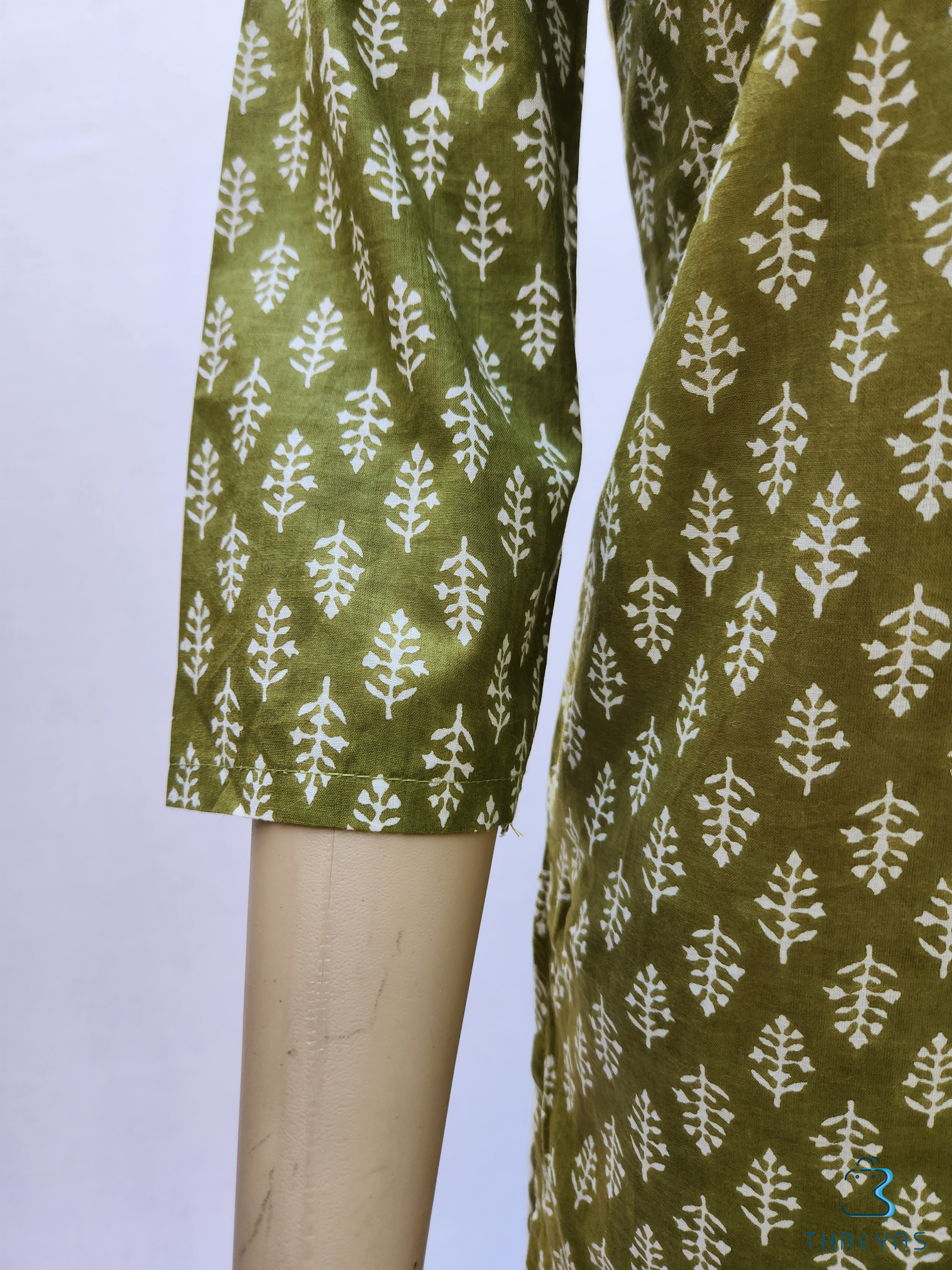 Olive Green Cotton Printed Kurthi set with Trousers for women | Stylish Kurthis & Kurtis Sets for Women | Threyas 