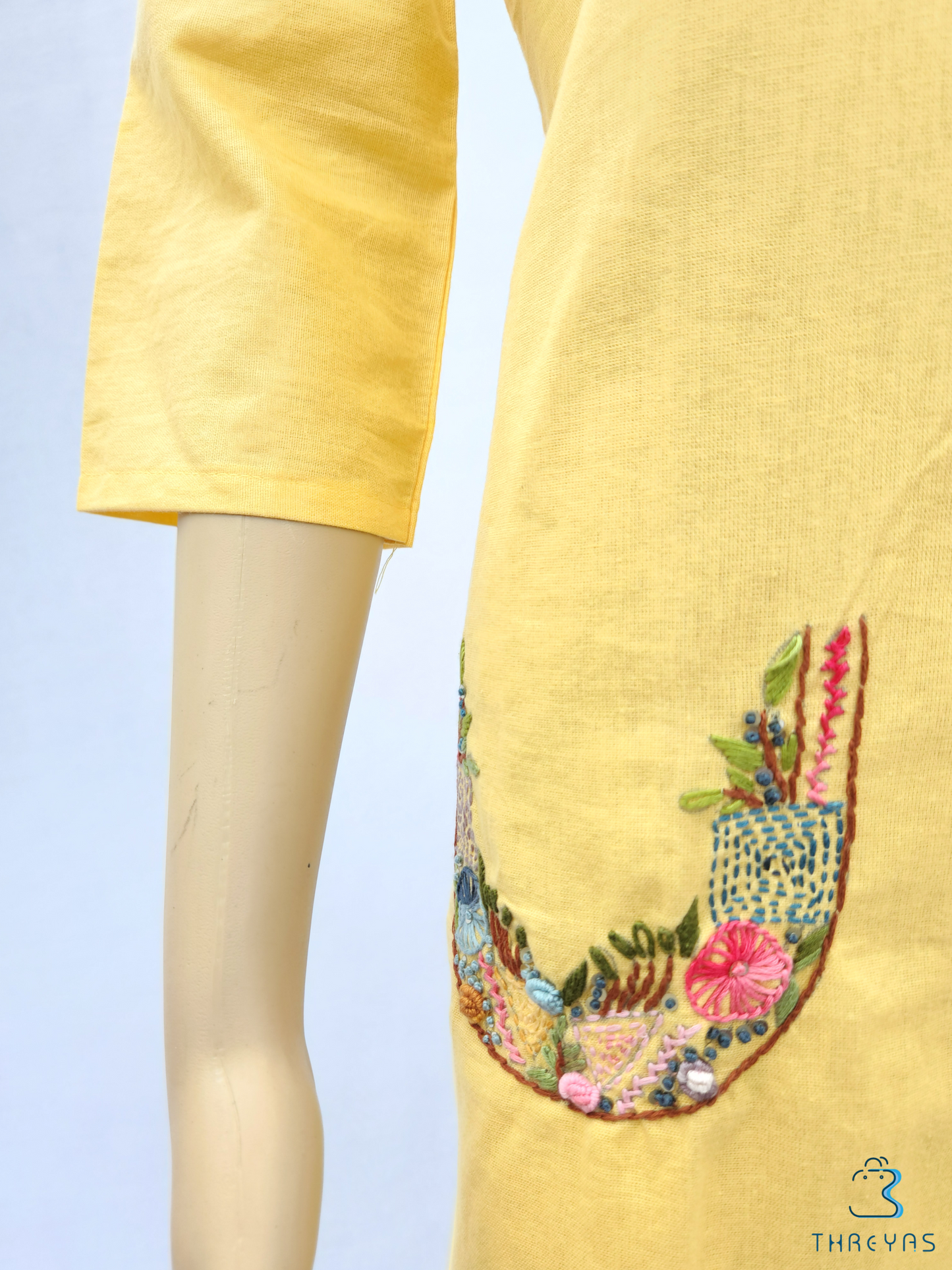 Yellow Cotton thread handwork kurthi