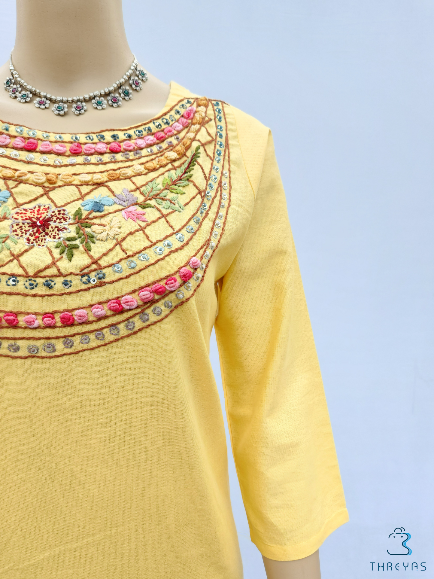 Yellow Cotton thread handwork kurthi