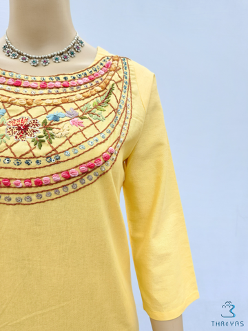 Yellow Cotton thread handwork kurthi